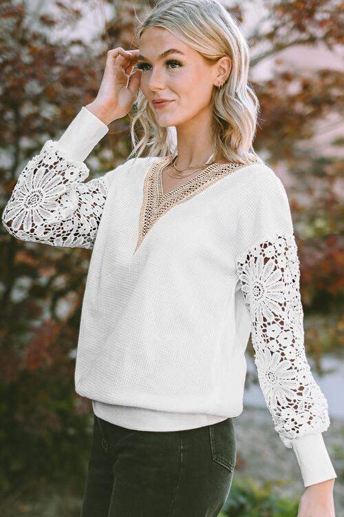 V-Neck Crochet Long Sleeve Blouse Blouses - Tophatter Daily Deals