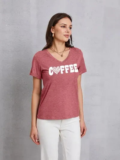 COFFEE V-Neck Short Sleeve T-Shirt Light Mauve Women's T-Shirts - Tophatter Daily Deals