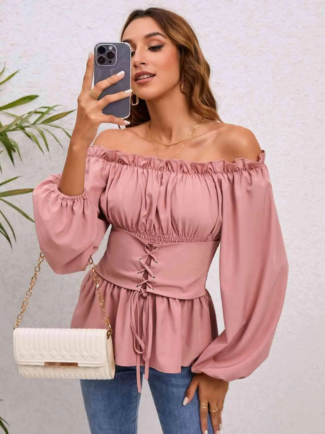 Lace-Up Balloon Sleeve Off-Shoulder Blouse Blouses - Tophatter Daily Deals