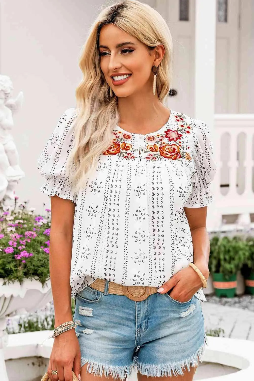 Embroidered Round Neck Flounce Sleeve Blouse Blouses - Tophatter Daily Deals