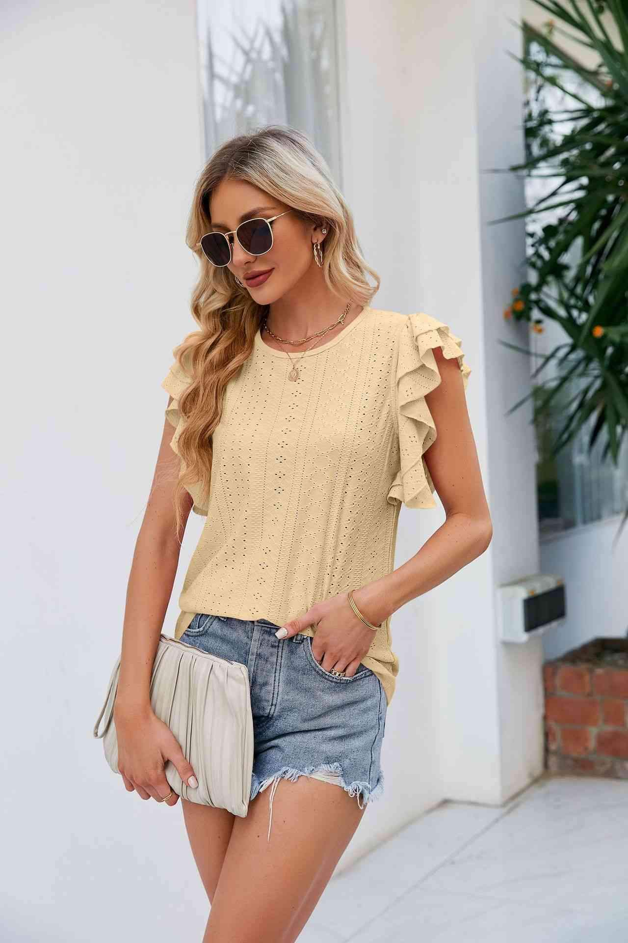 Round Neck Flutter Sleeve Eyelet Blouse Blouses - Tophatter Daily Deals