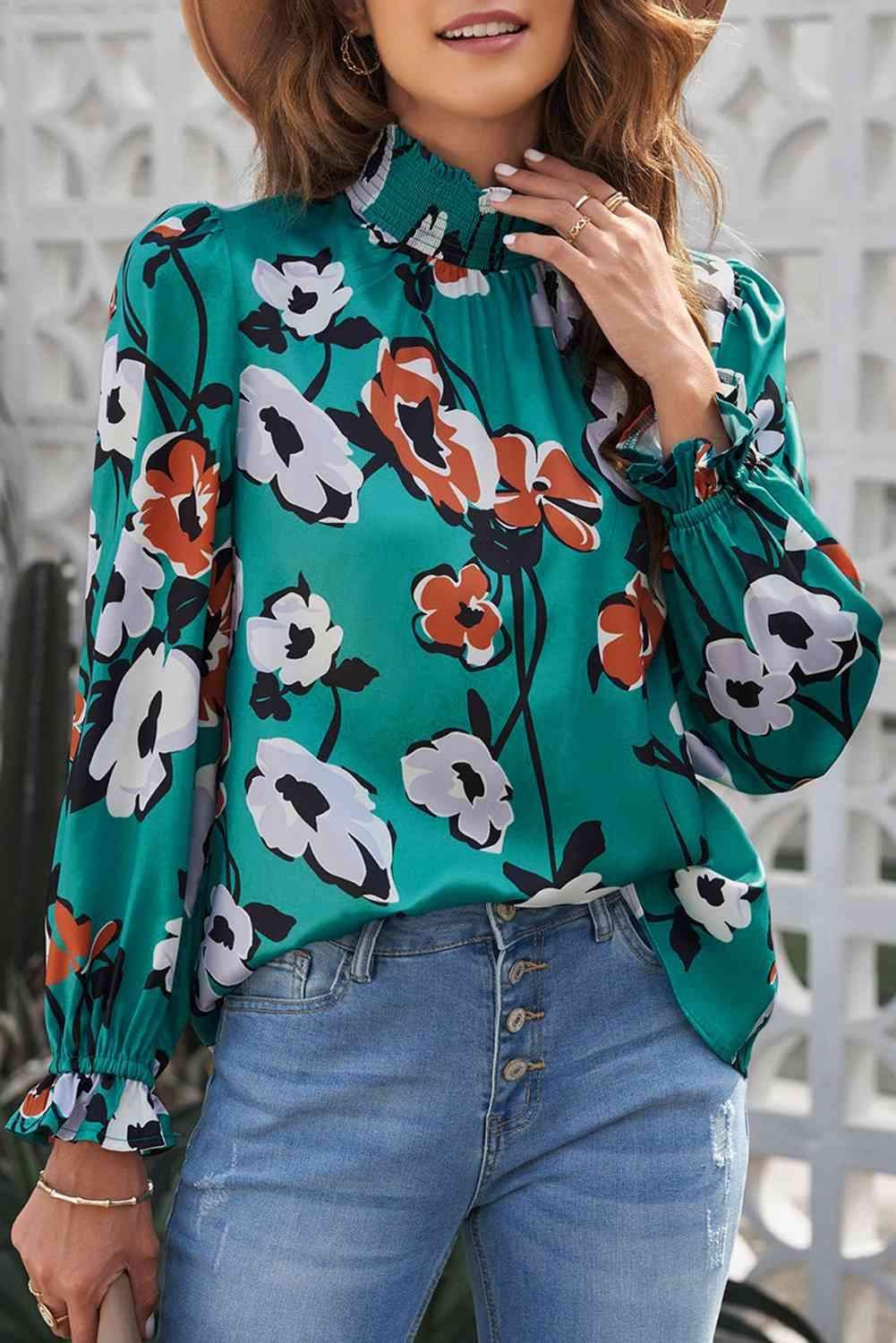 Floral Smocked Mock Neck Flounce Sleeve Blouse Green Blouses - Tophatter Daily Deals