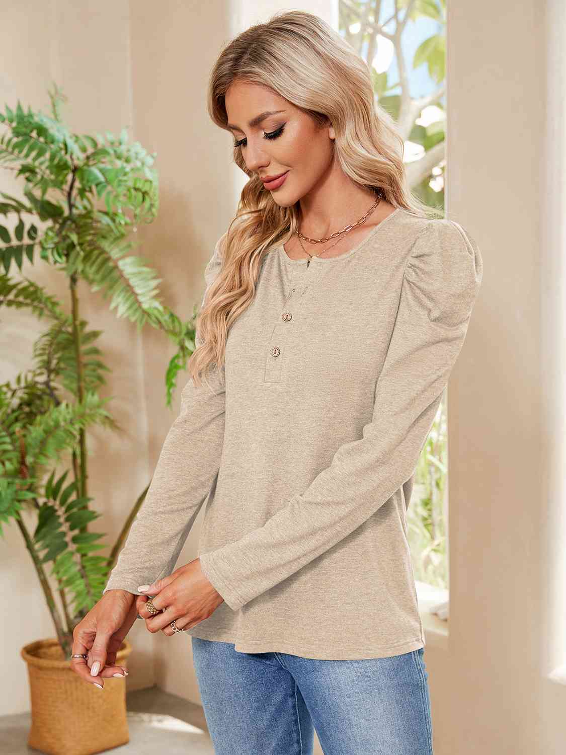 Buttoned Round Neck Puff Sleeve T-Shirt Women's T-Shirts - Tophatter Daily Deals