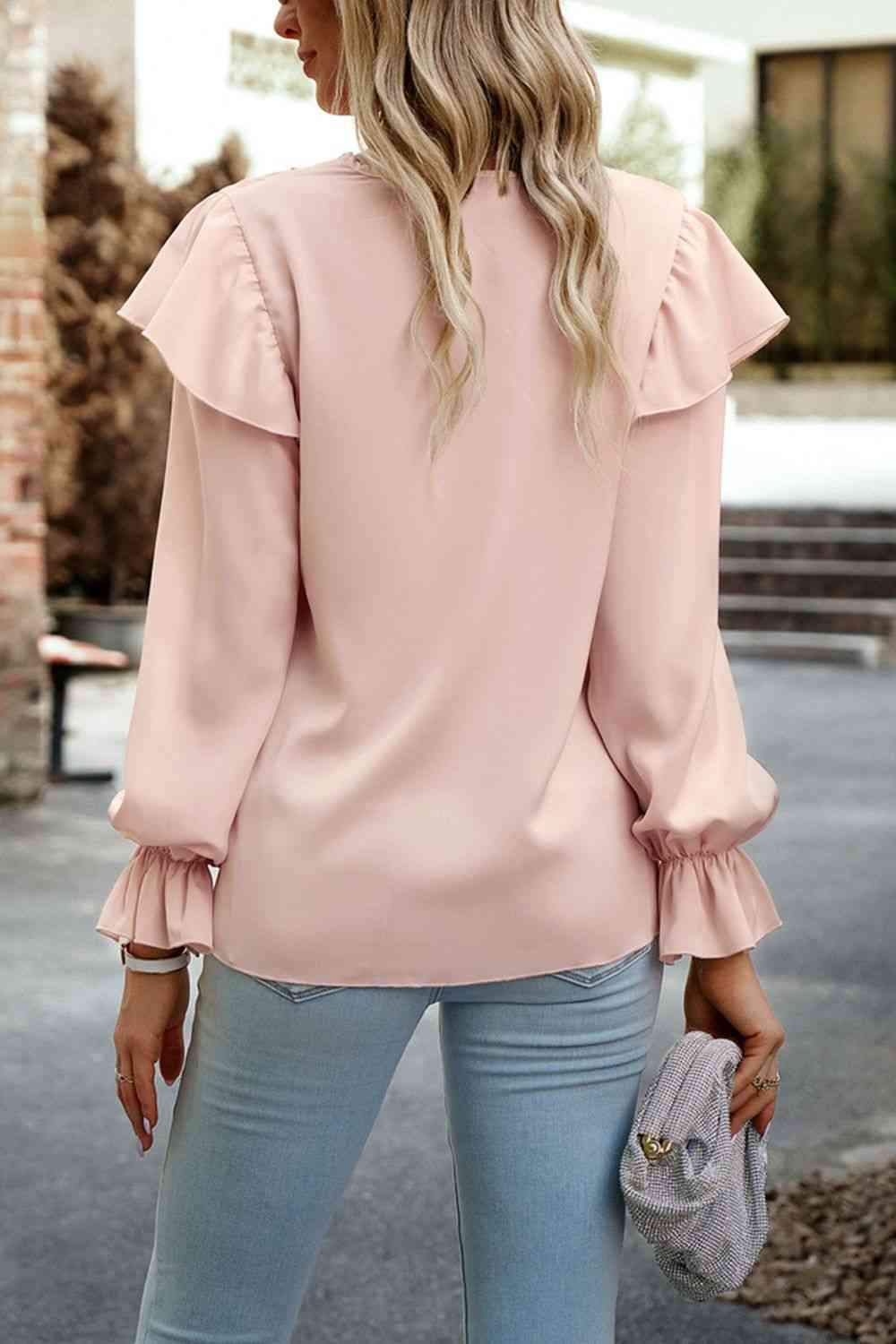 V-Neck Flounce Sleeve Ruffle Trim Blouse Blouses - Tophatter Daily Deals