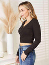 Half Snap Long Sleeve Crop Top Women's T-Shirts - Tophatter Daily Deals