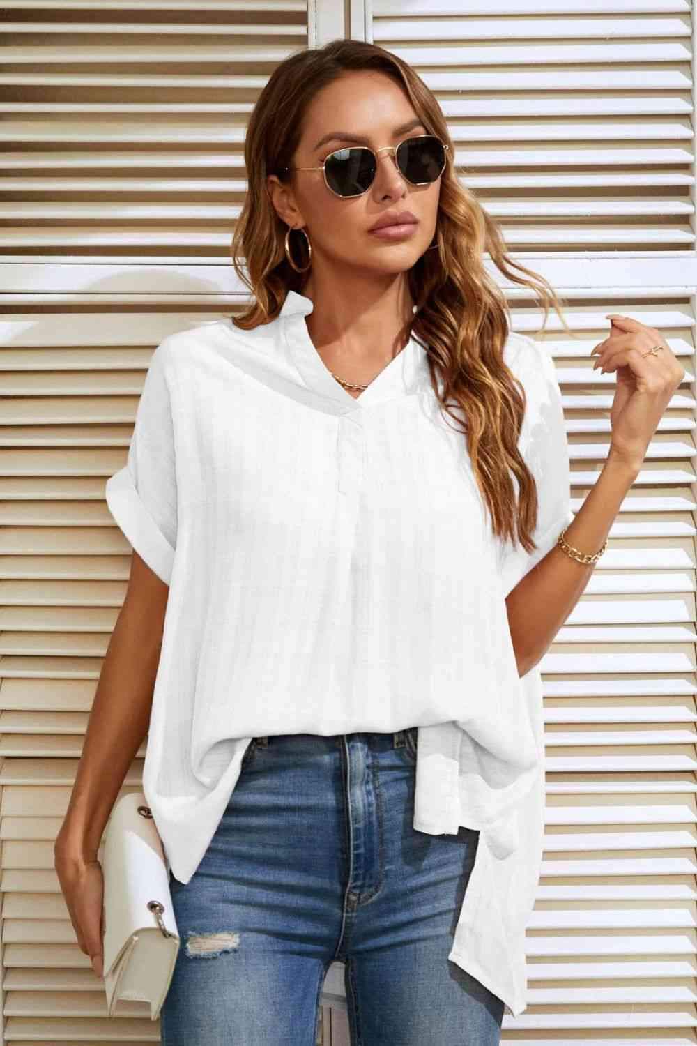 Notched Neck Slit Cuffed Blouse Blouses - Tophatter Daily Deals