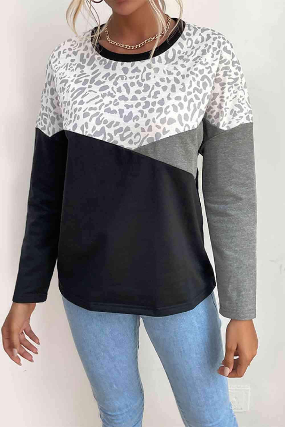 Leopard Color Block Pullover Black Women's T-Shirts - Tophatter Daily Deals