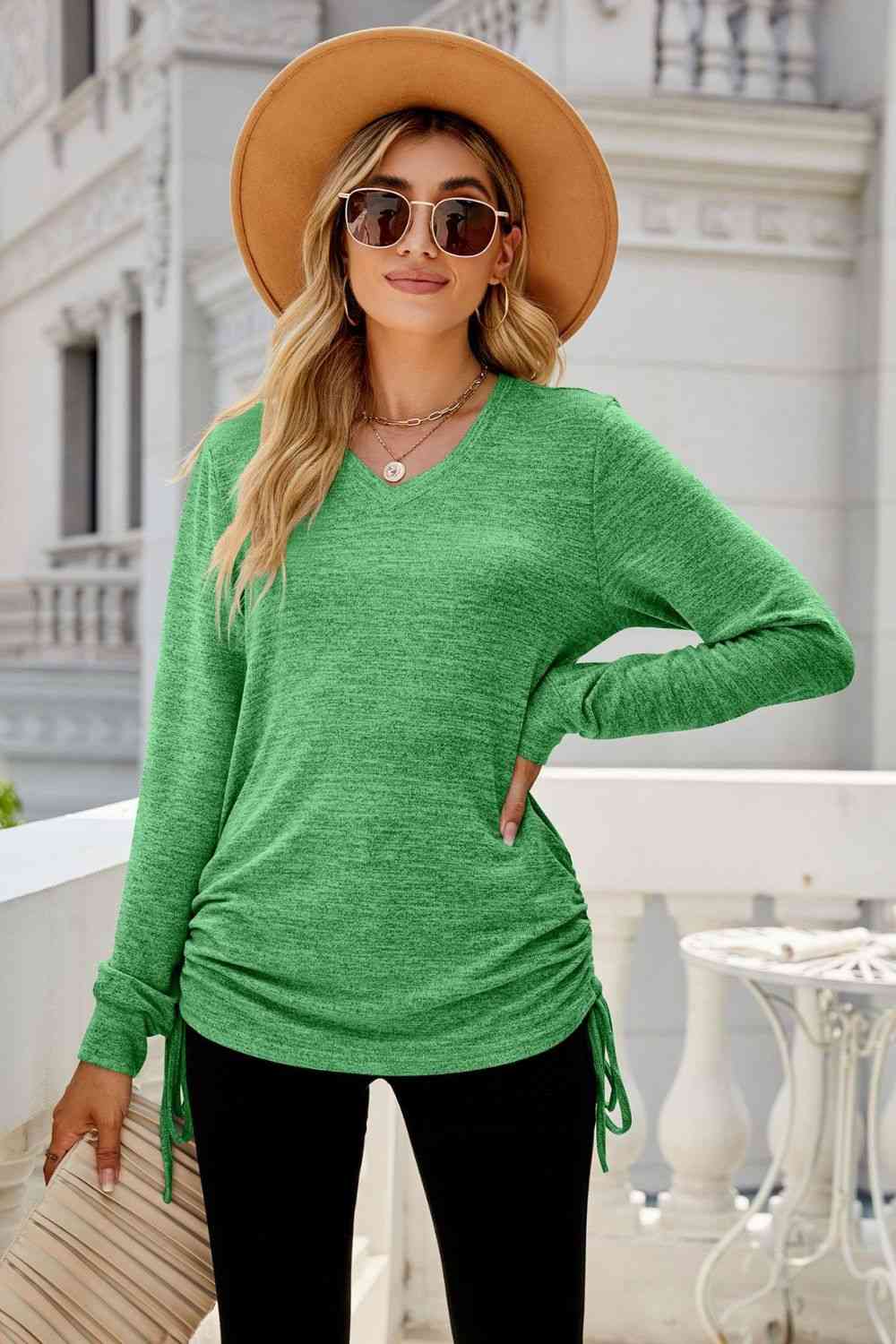 Heathered Drawstring V-Neck Top Green Women's T-Shirts - Tophatter Daily Deals