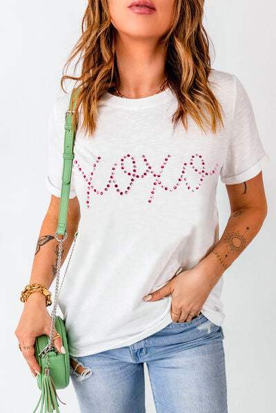 XOXO Rhinestone Round Neck Short Sleeve T-Shirt White Women's T-Shirts - Tophatter Daily Deals