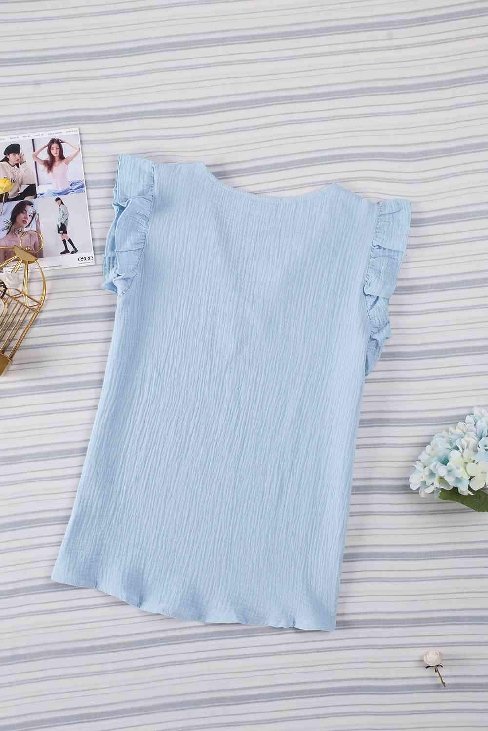 Ruffle Shoulder V-Neck Top Blouses - Tophatter Daily Deals