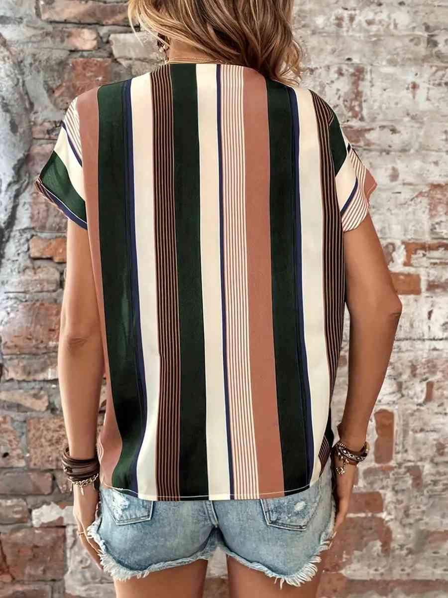 Striped Notched Neck Short Sleeve Blouse Blouses - Tophatter Daily Deals