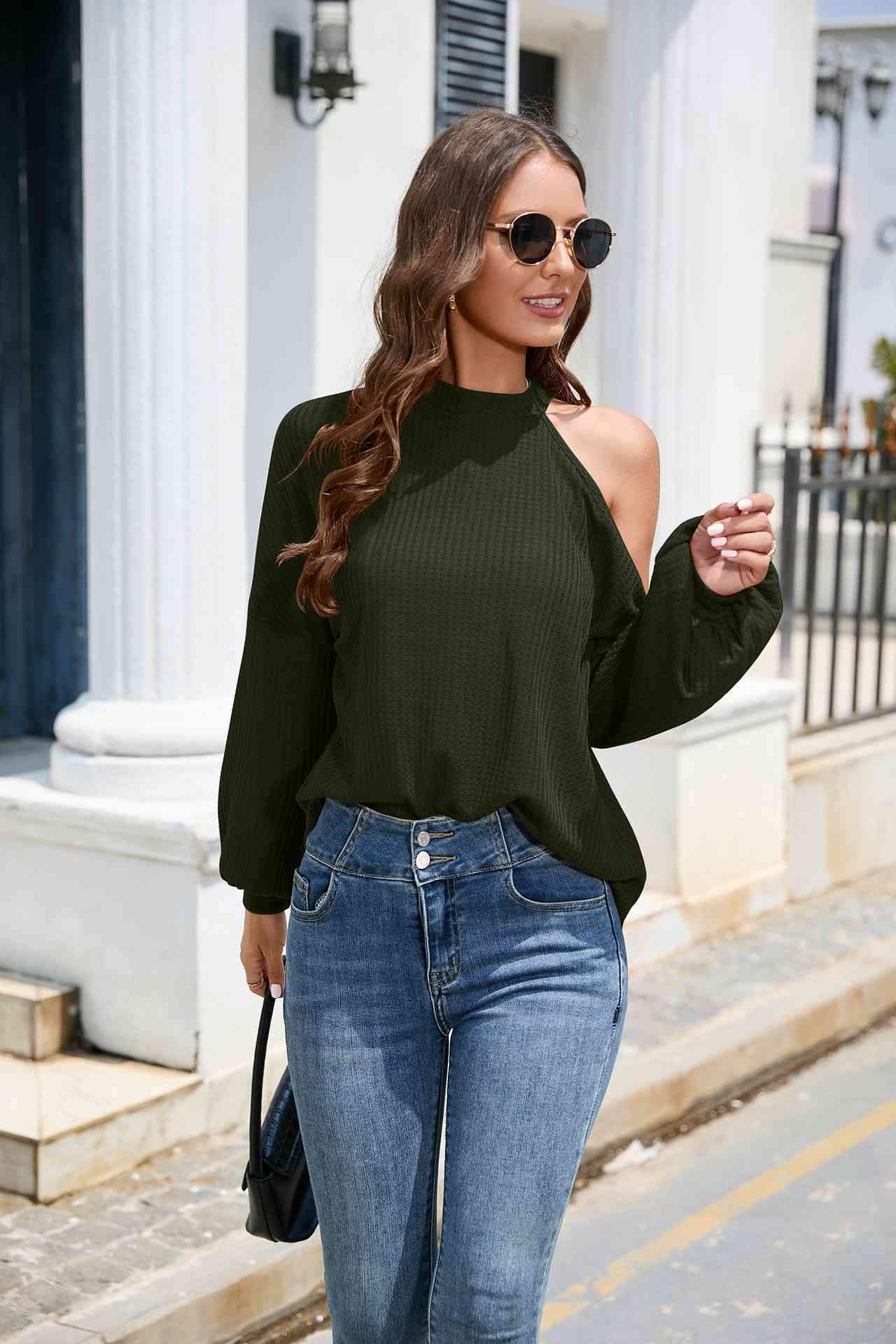 Asymmetrical Lantern Sleeve Waffle-Knit Blouse Army Green Blouses - Tophatter Daily Deals