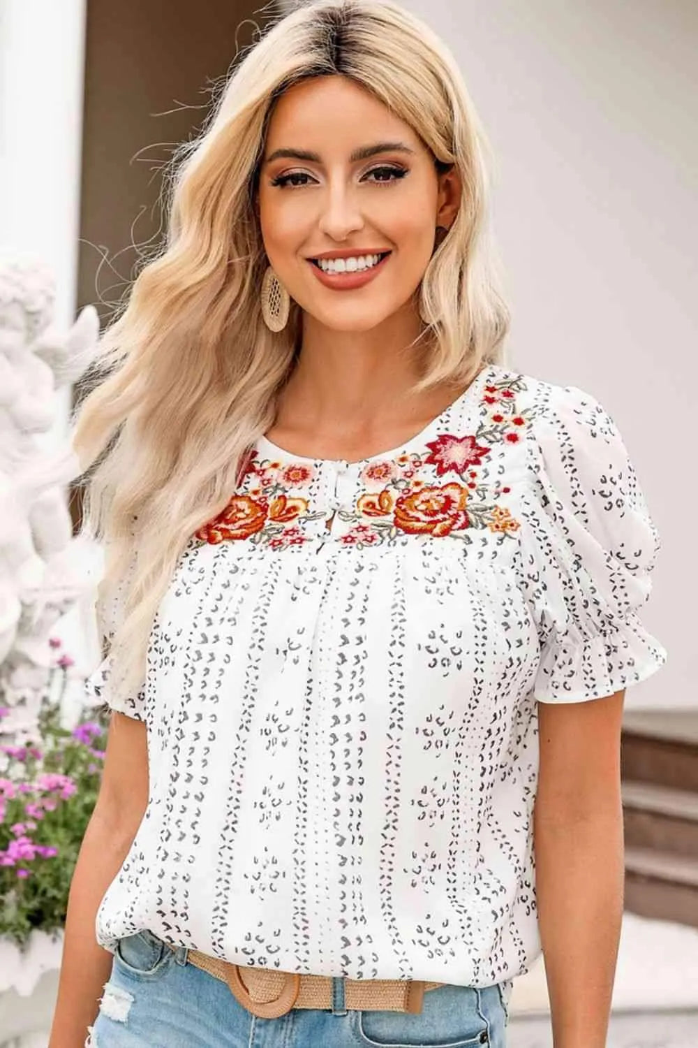 Embroidered Round Neck Flounce Sleeve Blouse White Blouses - Tophatter Daily Deals