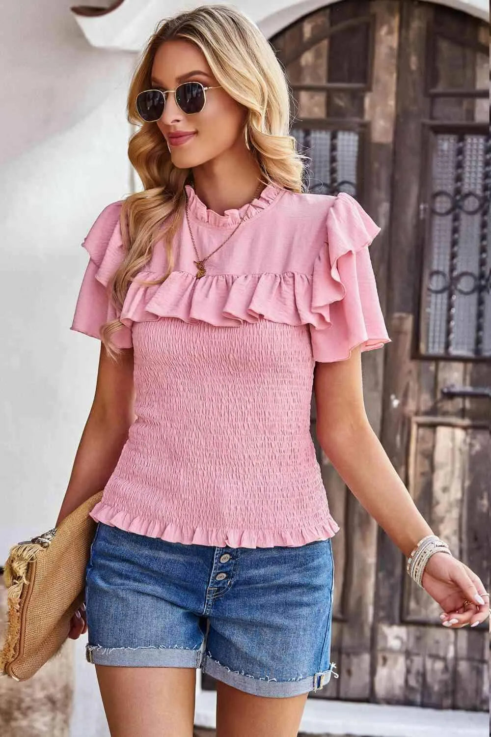 Smocked Tie Back Flutter Sleeve Blouse Peach Blouses - Tophatter Daily Deals