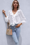 Double Take Ruffle Hem Fringe V-Neck Balloon Sleeve Blouse Blouses - Tophatter Daily Deals