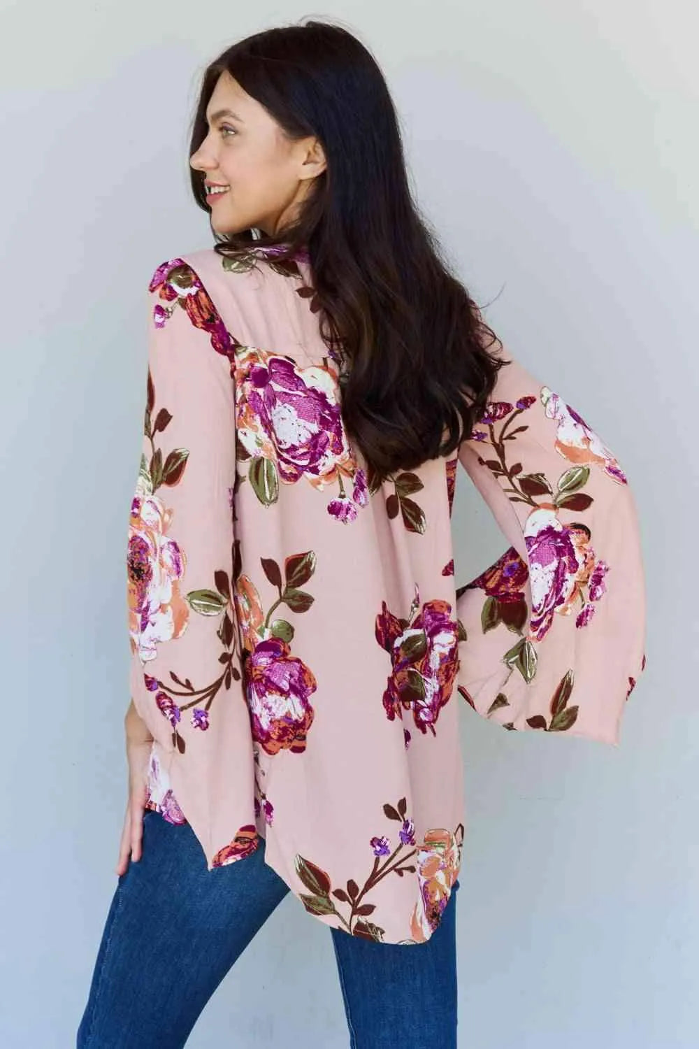 ODDI Full Size Floral Bell Sleeve Crepe Top Blouses - Tophatter Daily Deals