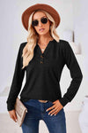 V-Neck Buttoned Long Sleeve Blouse Black Blouses - Tophatter Daily Deals