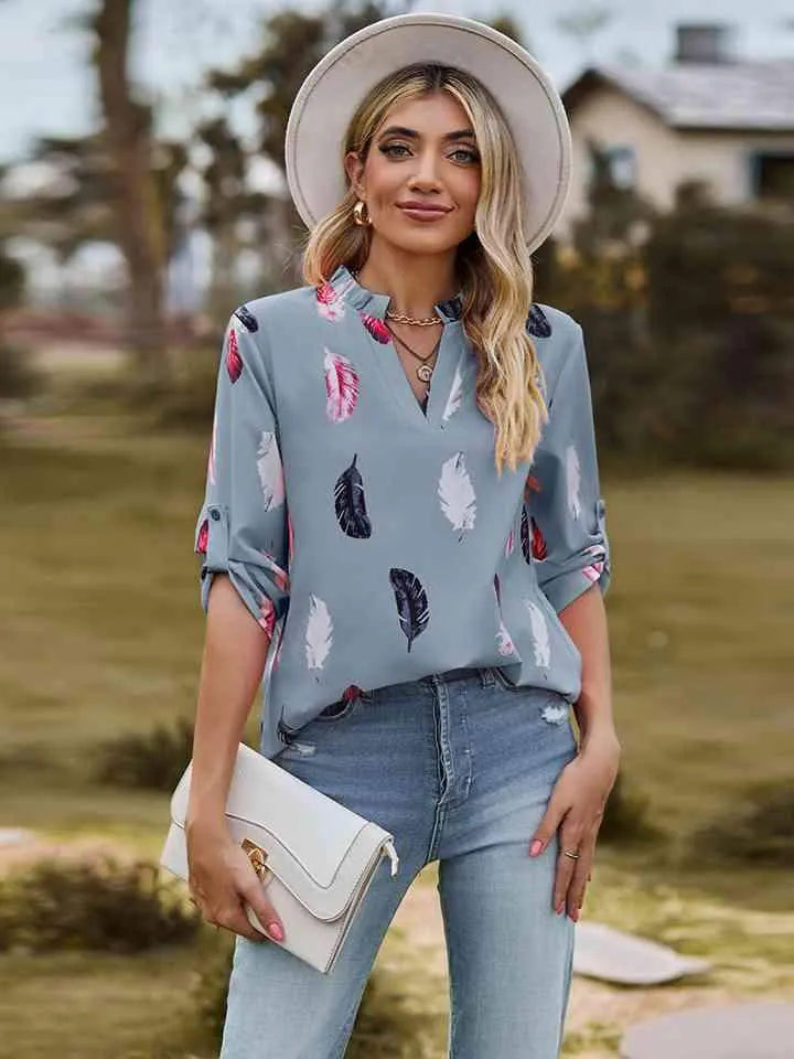 Printed Roll-Tab Sleeve Notched Neck Blouse Misty Blue Blouses - Tophatter Daily Deals