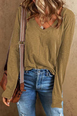 Exposed Seam V-Neck Long Sleeve T-Shirt Camel Women's T-Shirts - Tophatter Daily Deals