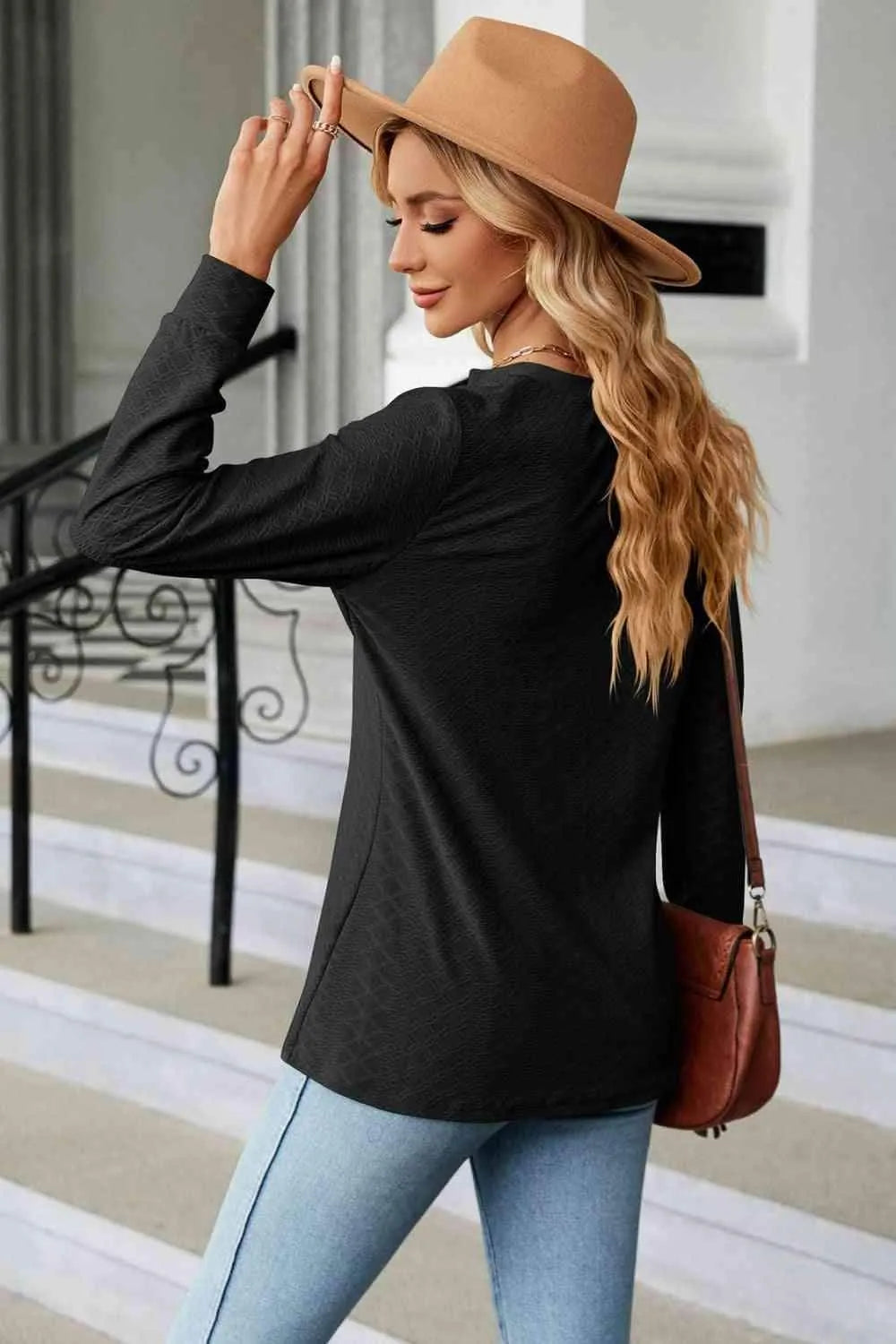 Notched Neck Long Sleeve Buttoned Blouse Blouses - Tophatter Daily Deals