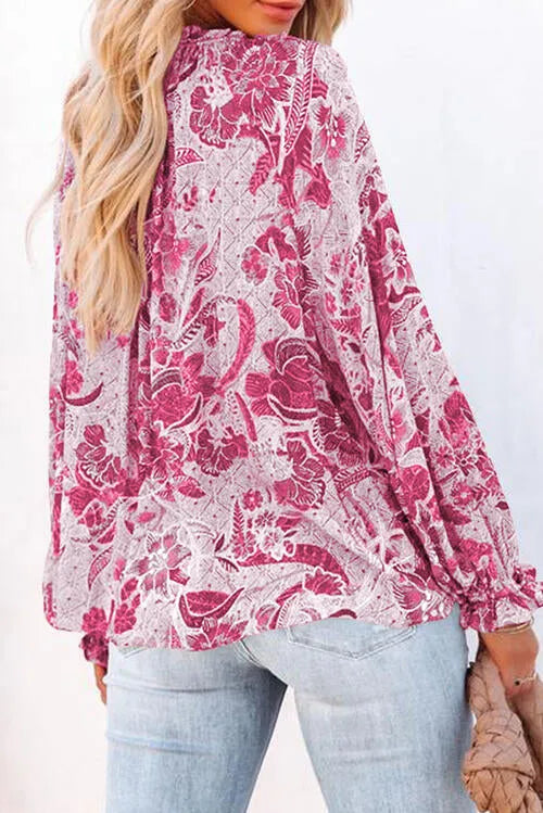 Floral Tie Neck Flounce Sleeve Blouse Blouses - Tophatter Daily Deals