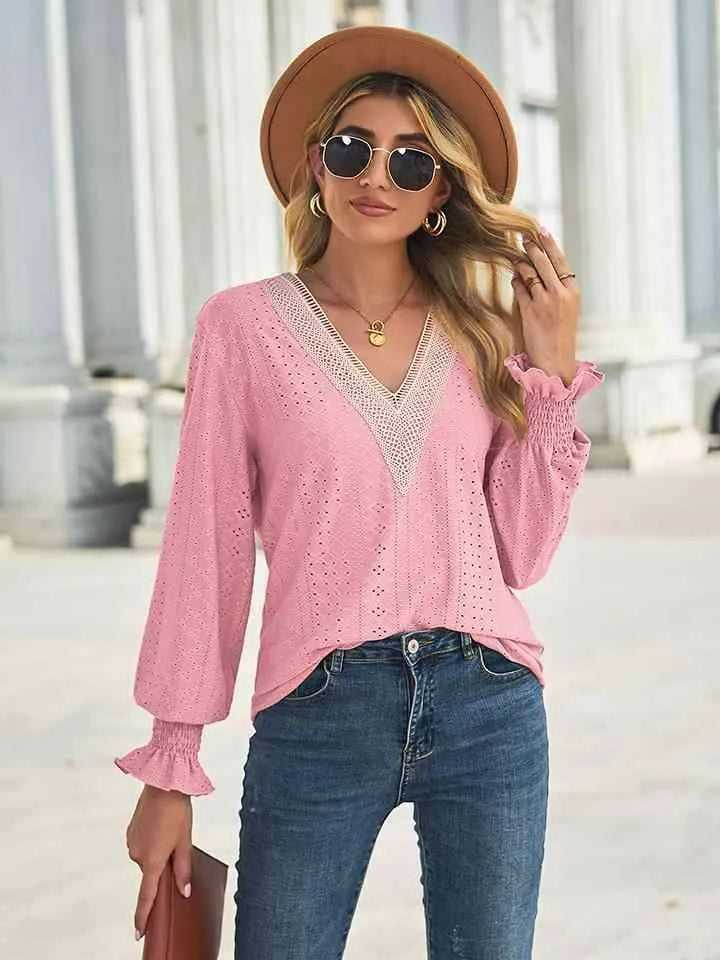 V-Neck Eyelet Flounce Sleeve Blouse Carnation Pink Blouses - Tophatter Daily Deals