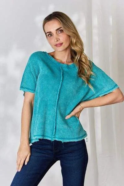 Zenana Oversized Waffle Short Sleeve Top Blouses - Tophatter Daily Deals