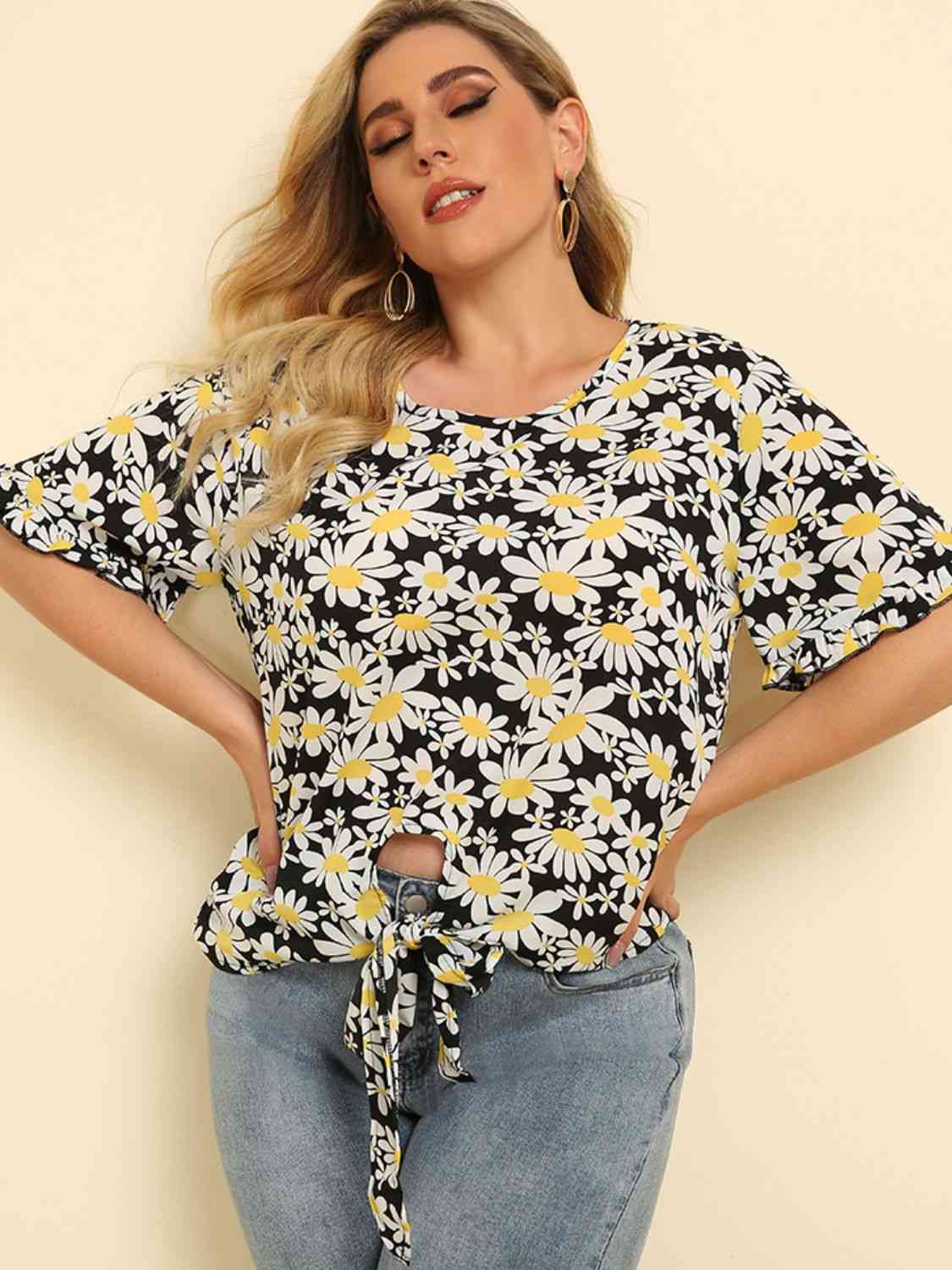 Plus Size Floral Round Neck Tie Hem Blouse - Tophatter Deals