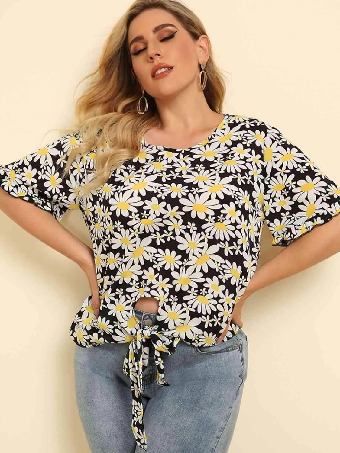 Plus Size Floral Round Neck Tie Hem Blouse Blouses - Tophatter Daily Deals