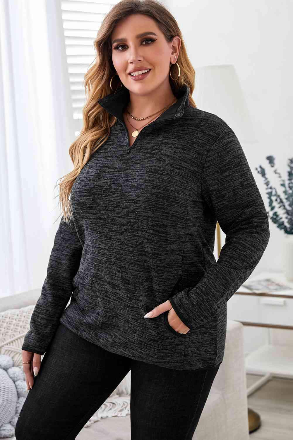 Plus Size Heathered Quarter Zip Pullover Black Women's T-Shirts - Tophatter Daily Deals