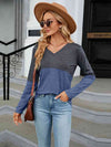 V-Neck Long Sleeve Two-Tone T-Shirt Dusty Blue Women's T-Shirts - Tophatter Daily Deals