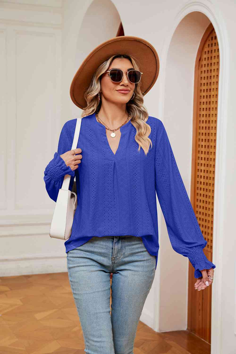 Notched Neck Flounce Sleeve Blouse Royal Blue Blouses - Tophatter Daily Deals