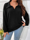 Plus Size Ribbed Johnny Collar Long Sleeve T-Shirt Black Women's T-Shirts - Tophatter Daily Deals