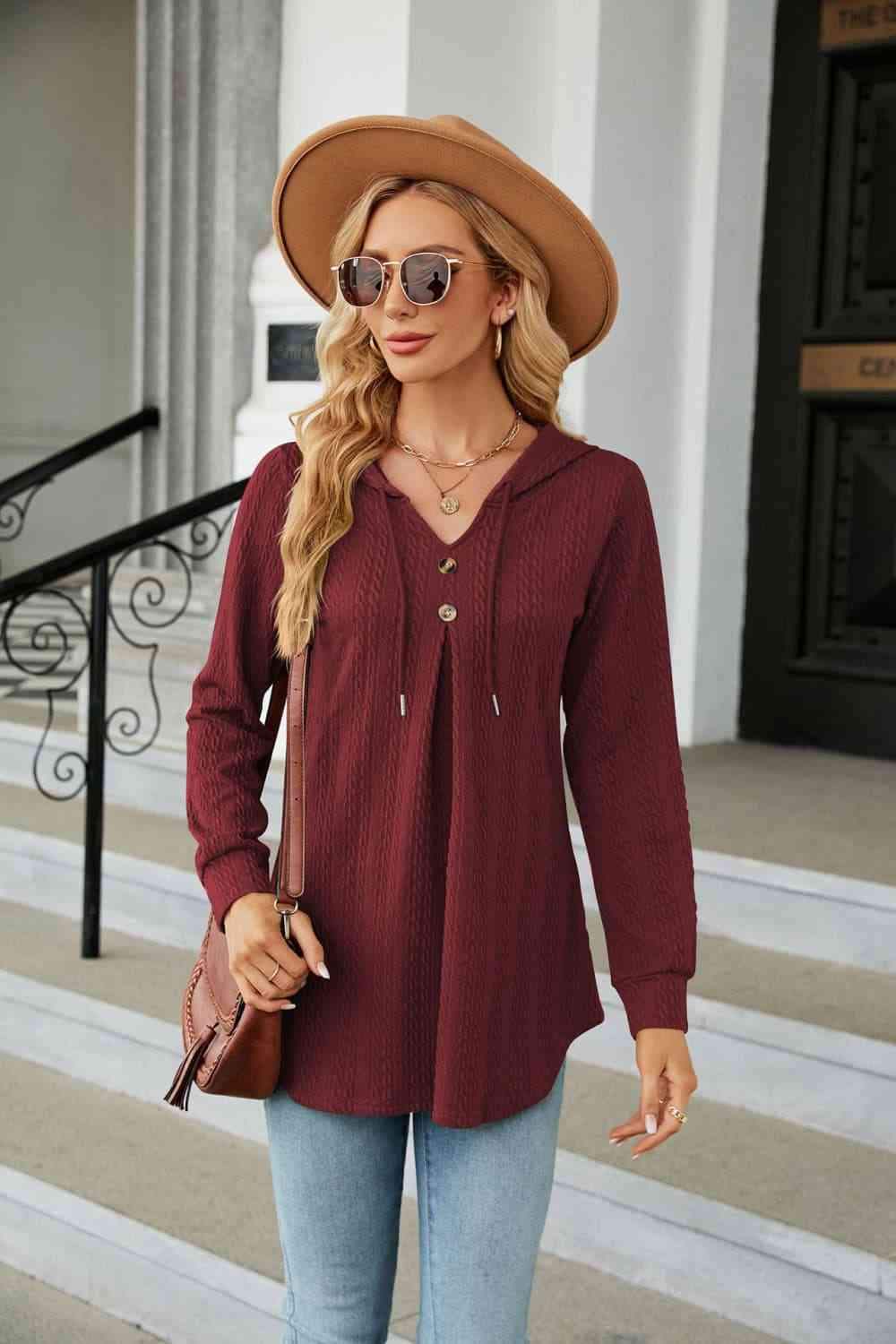 Long Sleeve Hooded Blouse Wine Blouses - Tophatter Daily Deals