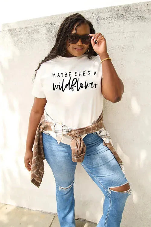 Simply Love Full Size MAYBE SHE'S A WILDFLOWER Short Sleeve T-Shirt Women's T-Shirts - Tophatter Daily Deals