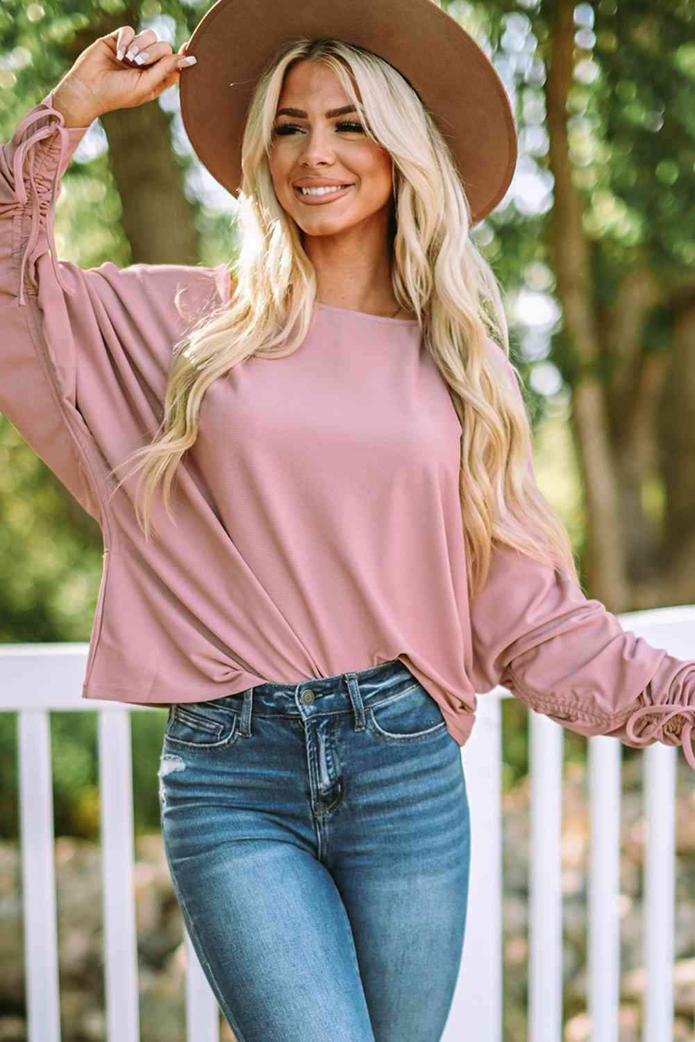 Ribbed Drawstring Dolman Sleeve Top Blouses - Tophatter Daily Deals