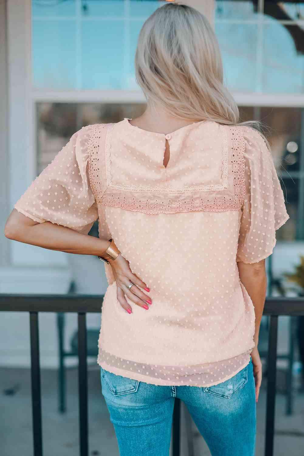 Flutter Sheer Sleeves Babydoll Top Blouses - Tophatter Daily Deals