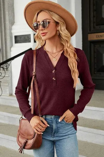 Waffle-Knit Notched Long Sleeve T-Shirt Women's T-Shirts - Tophatter Daily Deals