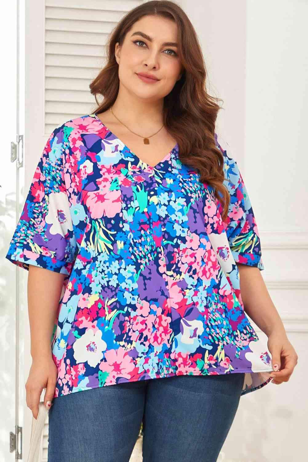 Floral Center Seam V-Neck Blouse Blouses - Tophatter Daily Deals