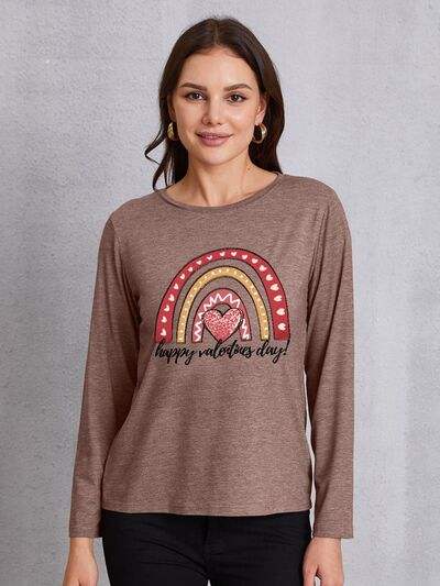 HAPPY VALENTINE'S DAY Round Neck Long Sleeve T-Shirt Taupe Women's T-Shirts - Tophatter Daily Deals