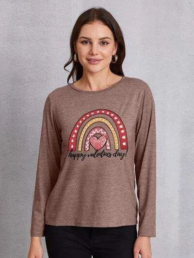 HAPPY VALENTINE'S DAY Round Neck Long Sleeve T-Shirt Taupe Women's T-Shirts - Tophatter Daily Deals