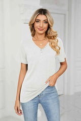 Decorative Button V-Neck T-Shirt White Women's T-Shirts - Tophatter Daily Deals