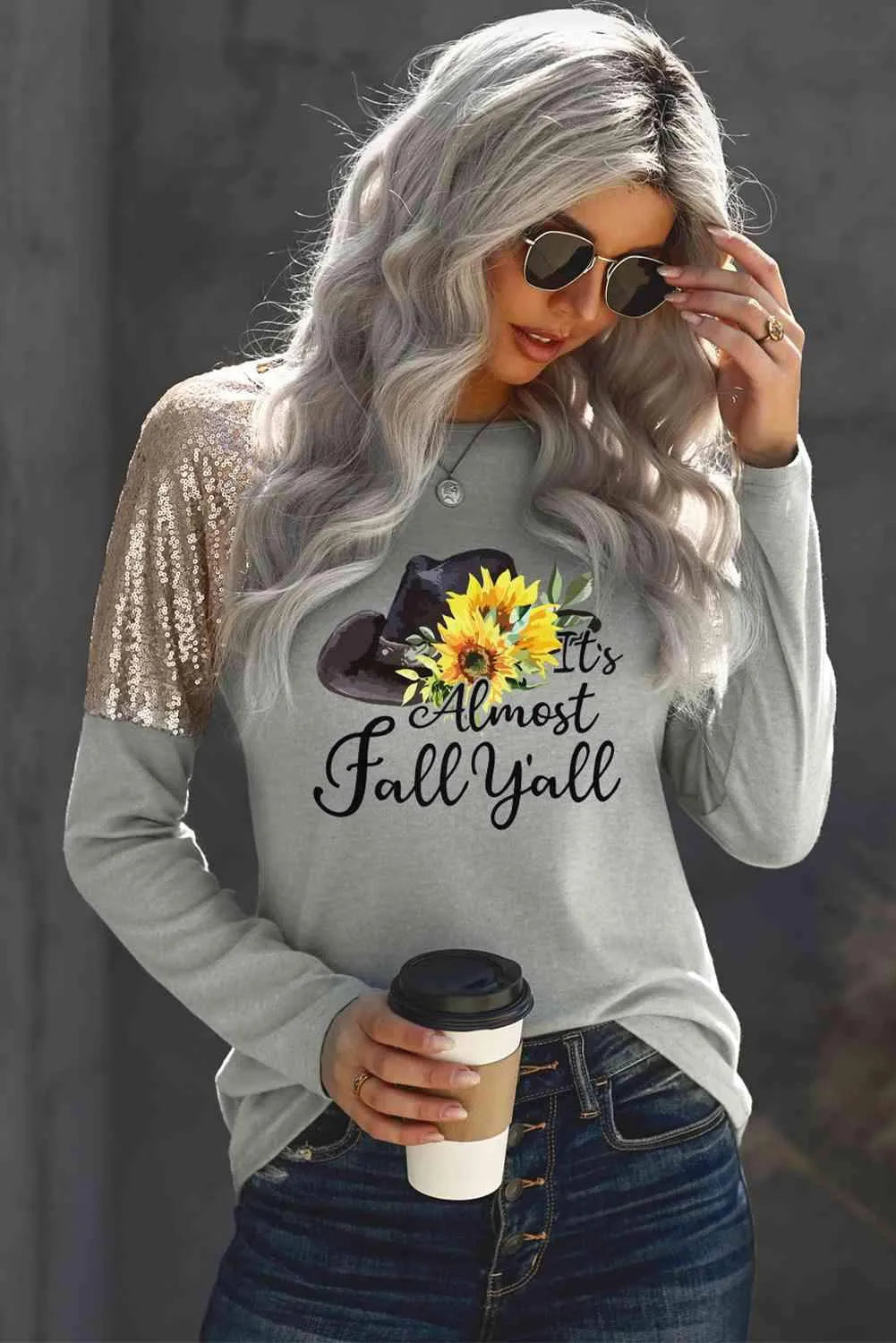 Slogan Graphic Sequin T-Shirt Charcoal Women's T-Shirts - Tophatter Daily Deals