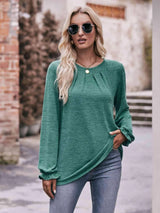Double Take Long Flounce Sleeve Round Neck Blouse Mid Green Blouses - Tophatter Daily Deals