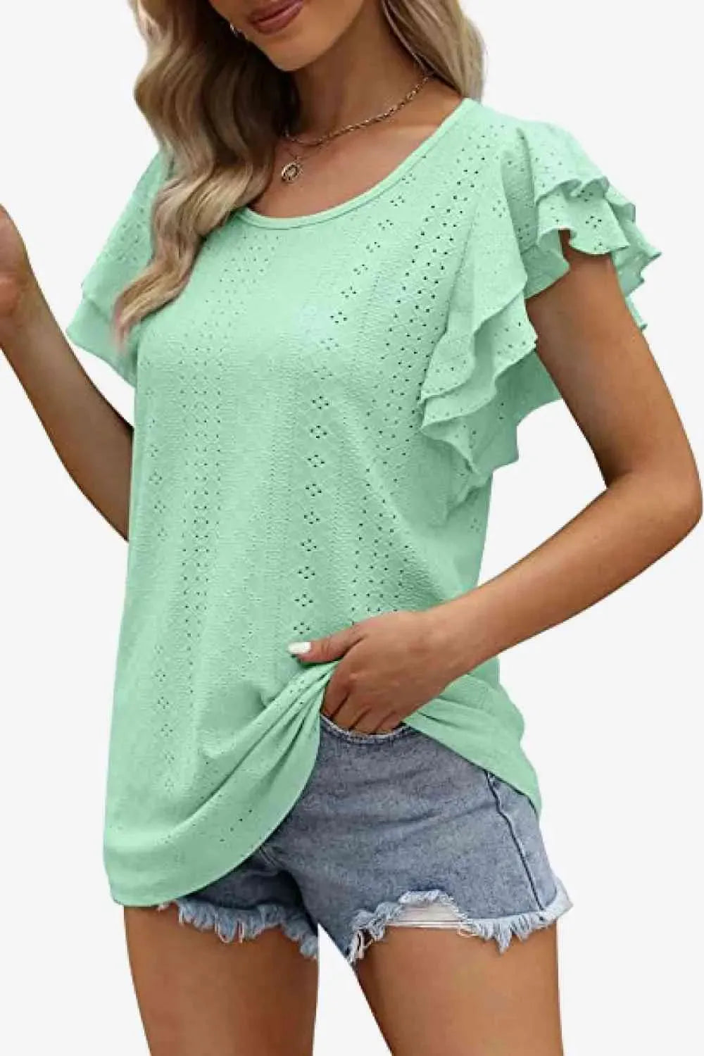 Round Neck Layered Flutter Sleeve Blouse Blouses - Tophatter Daily Deals