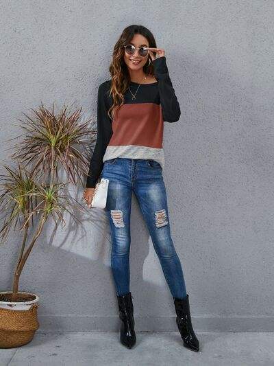 Color Block Round Neck Long Sleeve T-Shirt Women's T-Shirts - Tophatter Daily Deals