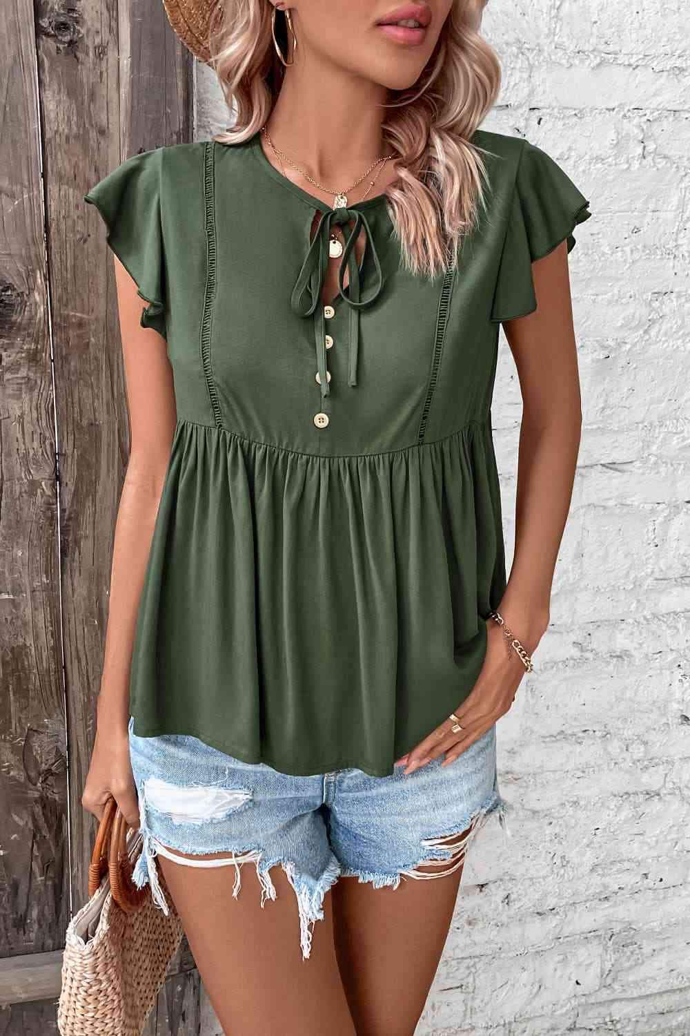 Buttoned Tie Neck Flutter Sleeve Babydoll Top Blouses - Tophatter Daily Deals