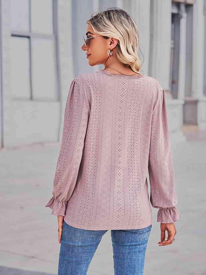 Eyelet V-Neck Flounce Sleeve Blouse Blouses - Tophatter Daily Deals