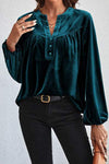 Ruched Decorative Button Notched Blouse Deep Teal Blouses - Tophatter Daily Deals