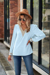 V-Neck Lace Detail Long Sleeve Top Women's T-Shirts - Tophatter Daily Deals